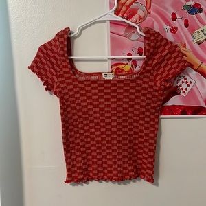 Crop top lettuce trim checkered shirt